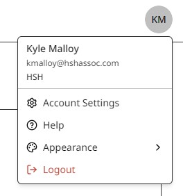 Account settings menu showing avatar dropdown with options for settings, help, appearance, and logout
